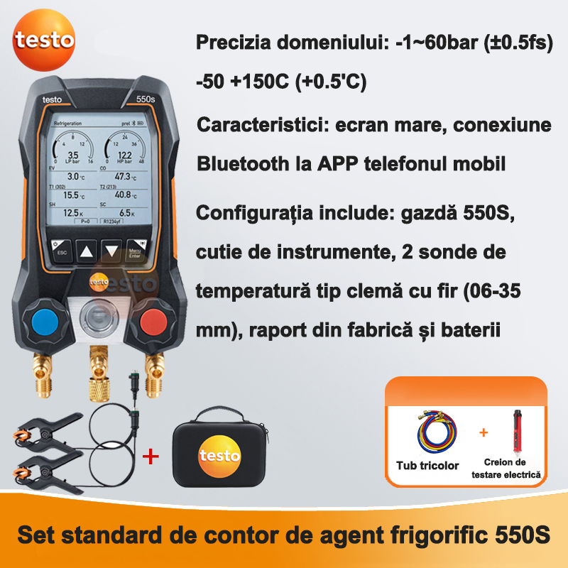 Setul standard testo550S [precizie presiune: ±0,5%, precizie temperatură: ±0,5 ℃, include peste 90 de agenți frigorifici] vine cu tuburi tricolore