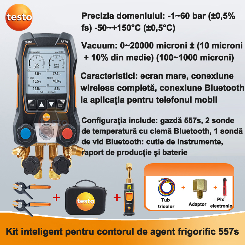 Setul inteligent testo550S [precizie presiune: ±0,5%, precizie temperatură: ±0,5 ℃, include peste 90 de agenți frigorifici] vine cu tuburi tricolore