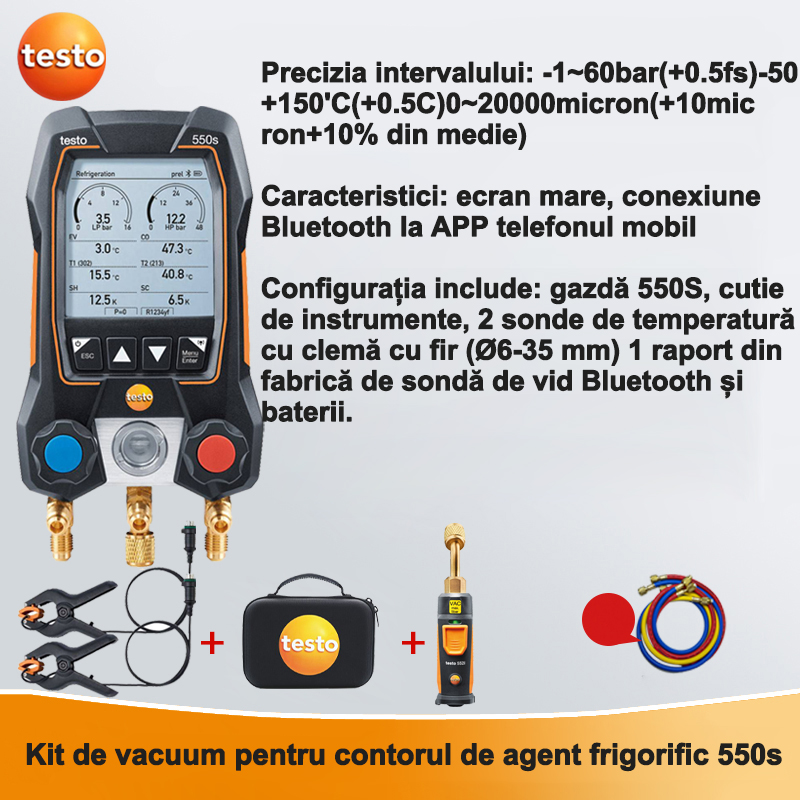 Setul de vid testo550S [precizie presiune: ±0,5%, precizie temperatură: ±0,5 ℃, include peste 90 de agenți frigorifici] vine cu tuburi tricolore