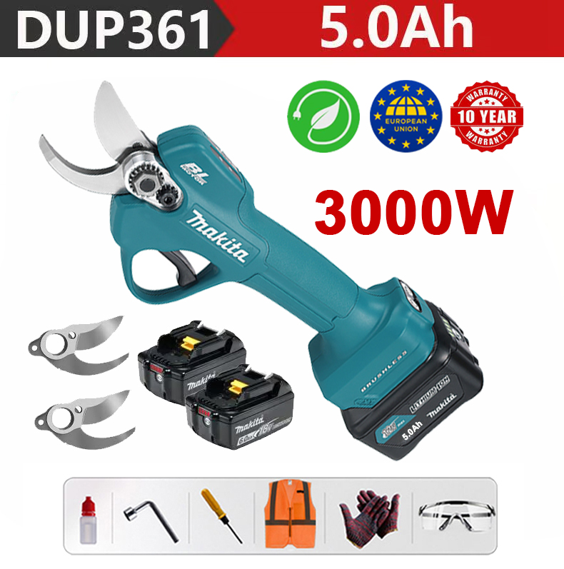 Foarfece de grădină Makita DUP361PT2 + Display Power LED - (6 ore de viață a bateriei) Motor 3000W fără perii, foarfece baterie litiu + baterie 36V 5.0Ah * 2 + încărcător + lamă din aliaj SK9 * 2 + cutie de scule + lubrifiant + ochelari de protecție, 10 ani garanție