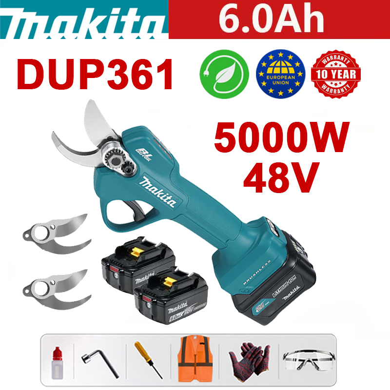 Foarfece de grădină Makita DUP361PT2 + afișaj pentru baterie - (12 ore de viață a bateriei) Foarfece pentru baterii cu litiu cu motor fără perii de 5000 W + baterie 48 V 6,0 Ah * 2 + încărcător + lamă din aliaj SK9 * 3 + cutie de scule + lubrifiant + ochelari de siguranță, 10 ani garanție