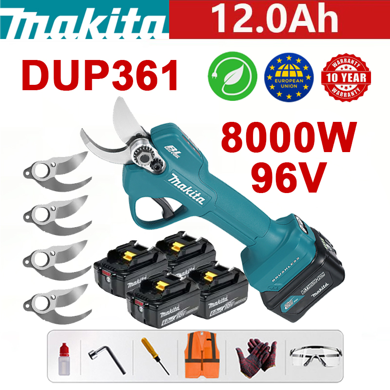 Foarfece de grădină Makita DUP361PT2 + display LED - (24 ore de viață a bateriei) 8000 W cu motor fără perii Foarfece de tundere cu baterie litiu + baterie 96 V 12,0 Ah * 3 + încărcător + lamă din aliaj SK9 * 4 + cutie de scule + lubrifiant + protecție pentru ochi, garanție 10 ani